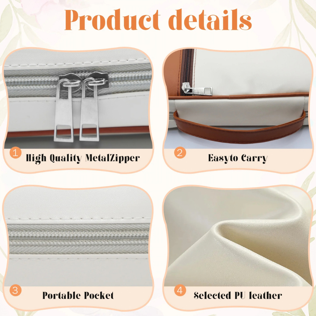 Quiet Faith Bible Case detail graphic showing the zipper, handle, pocket, and PU exterior