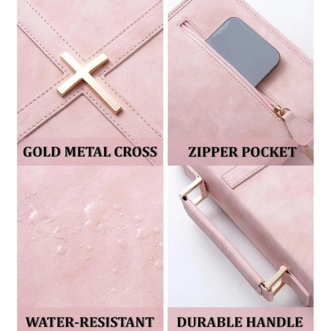Steadfast Cross Bible cover features showing gold cross, pen holder, water-resistant material, and outer pocket

