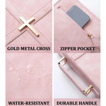 Steadfast Cross Bible cover features showing gold cross, pen holder, water-resistant material, and outer pocket

