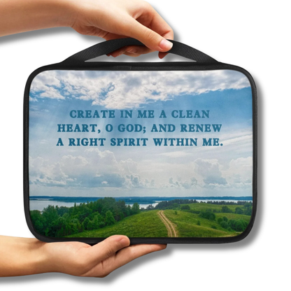 Clean Heart Green Country Road Scenic Scripture Bible Carry Bag with scenic artwork