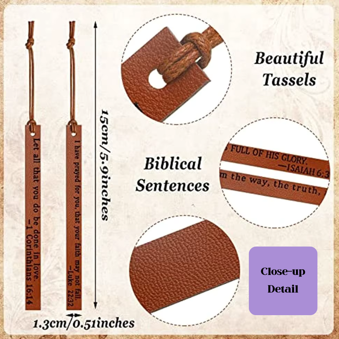 Brown tasseled Bible bookmark shown with a cord close-up and approximate dimensions of 1.3 × 15 cm (0.5 × 5.9 in), excluding the cord.