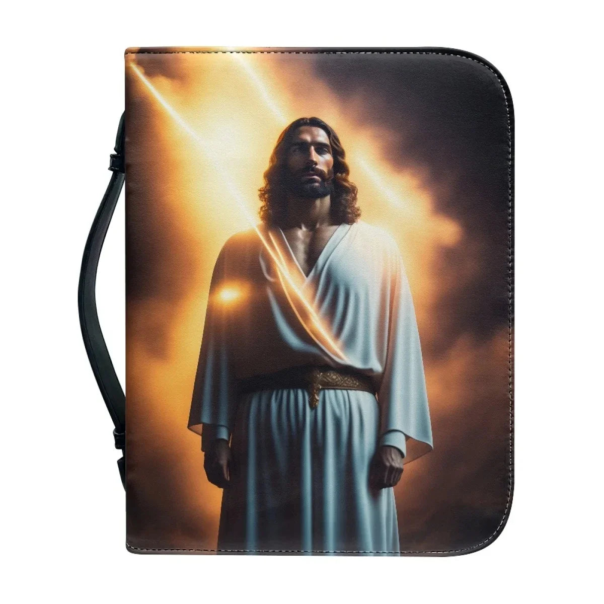 Bible carry case with a white-robed portrait against golden beams of light