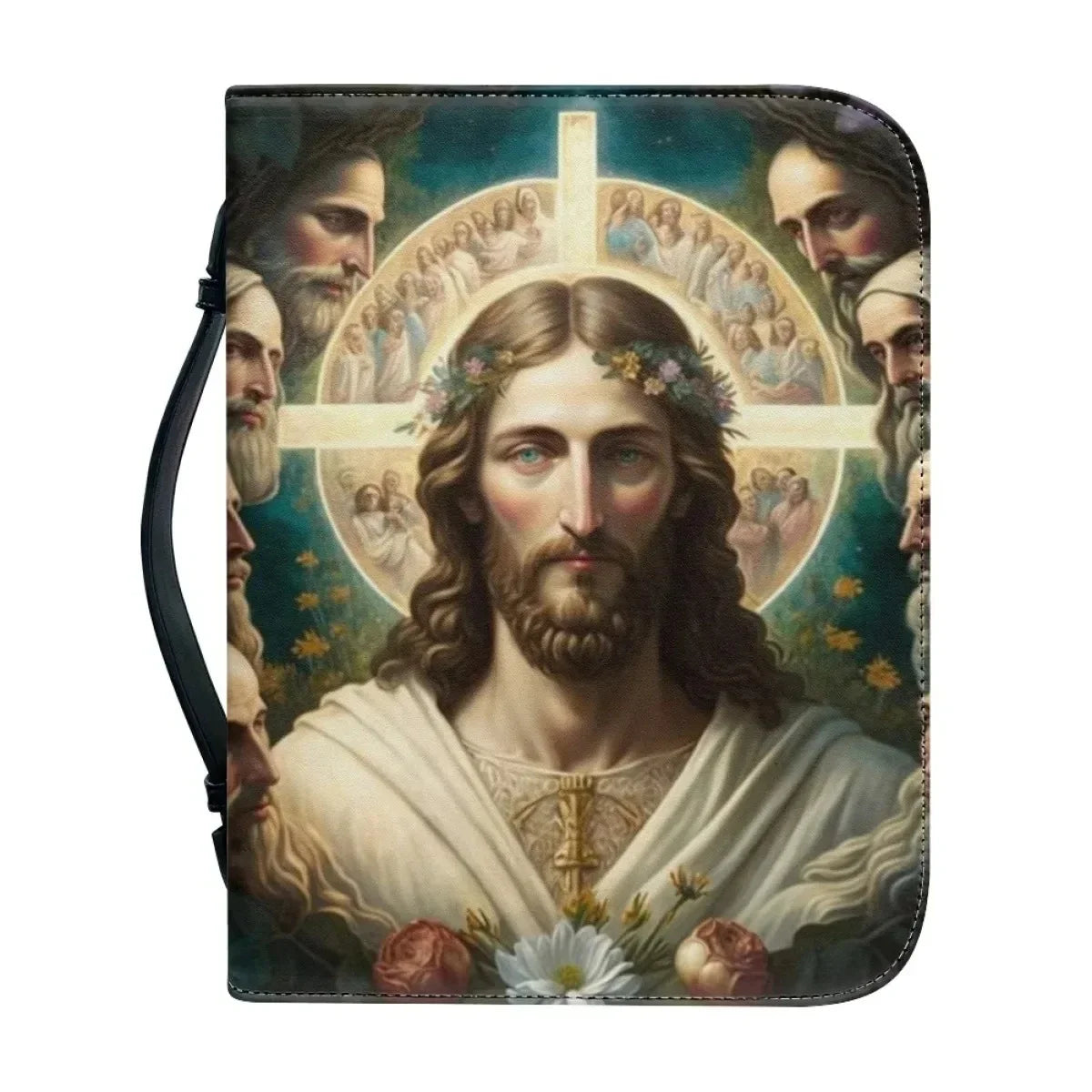 Bible carry case with a central portrait of Jesus surrounded by other faces