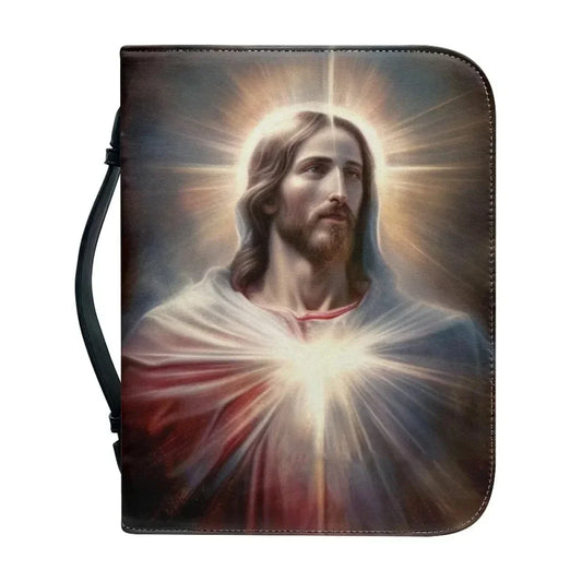 Bible carry case with a portrait of Jesus surrounded by radiant light