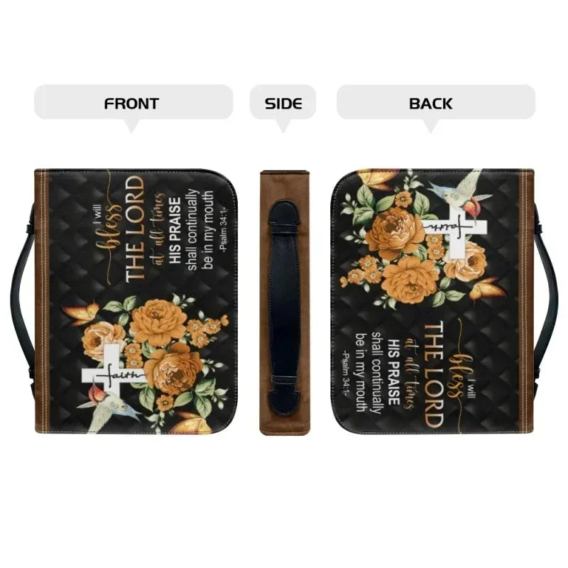 Praise Always Bible carry case with faith-inspired artwork, shown from front, side, and back