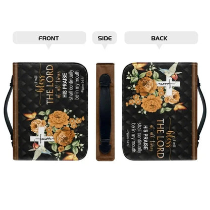 Praise Always Bible carry case with faith-inspired artwork, shown from front, side, and back