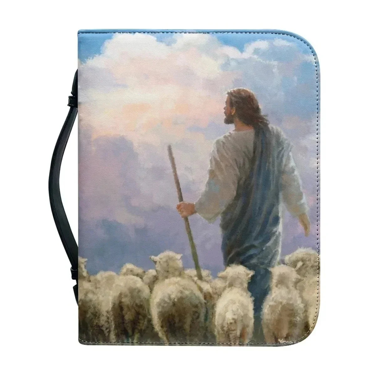 Bible carry case showing Jesus with a shepherd’s staff among sheep