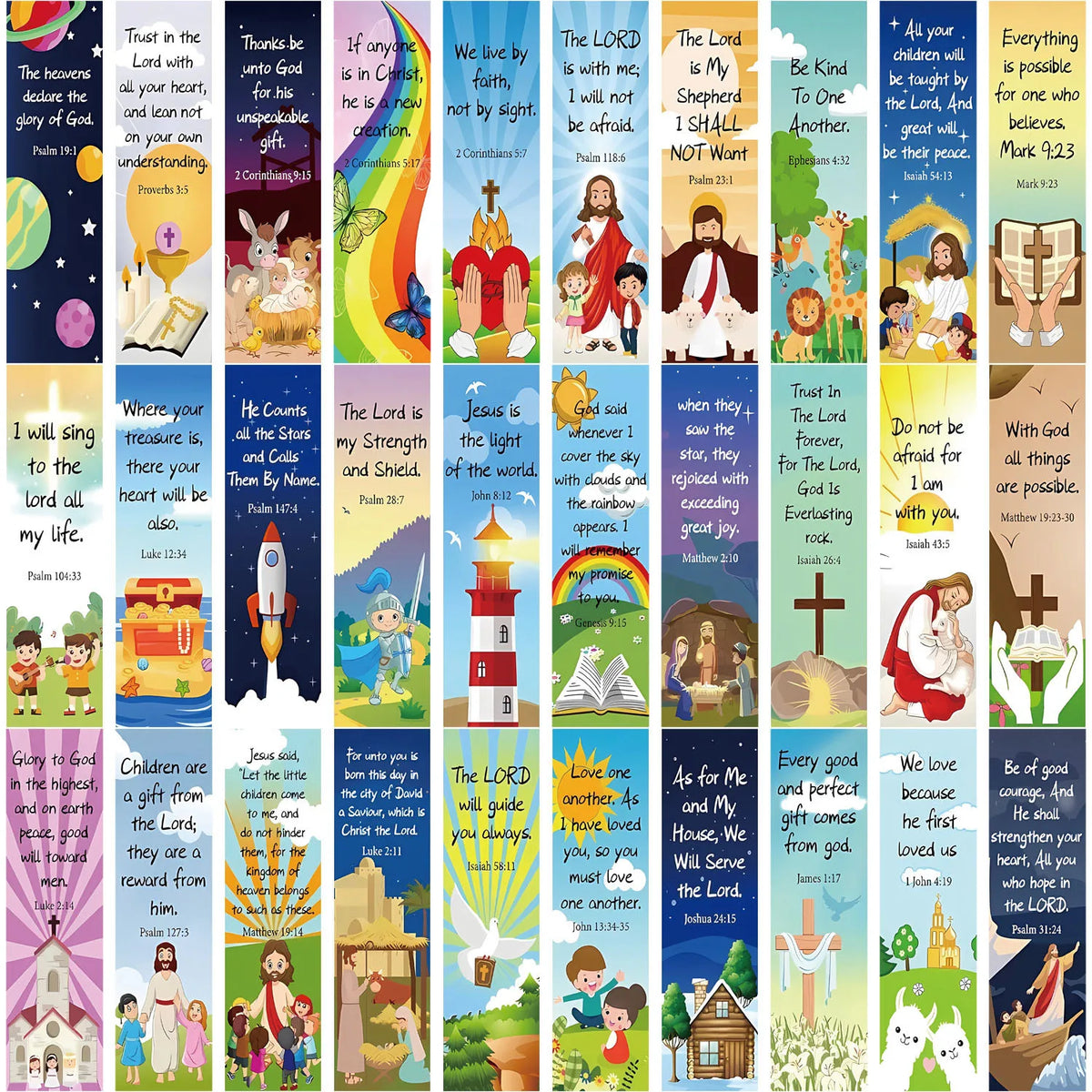 Little Lights 30-pack of colorful bookmarks with Christian illustrations and Bible verse references
