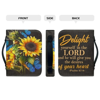 Delight in the Lord Bible carry case with sunflowers and blue butterflies, shown from front, side, and back