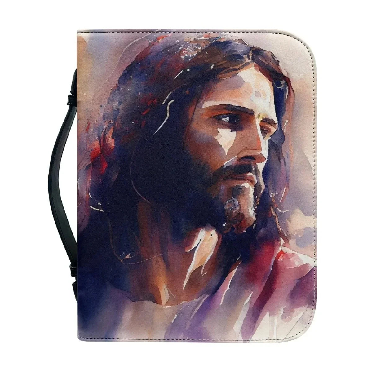Bible carry case with a painterly portrait of Jesus in blue and plum tones