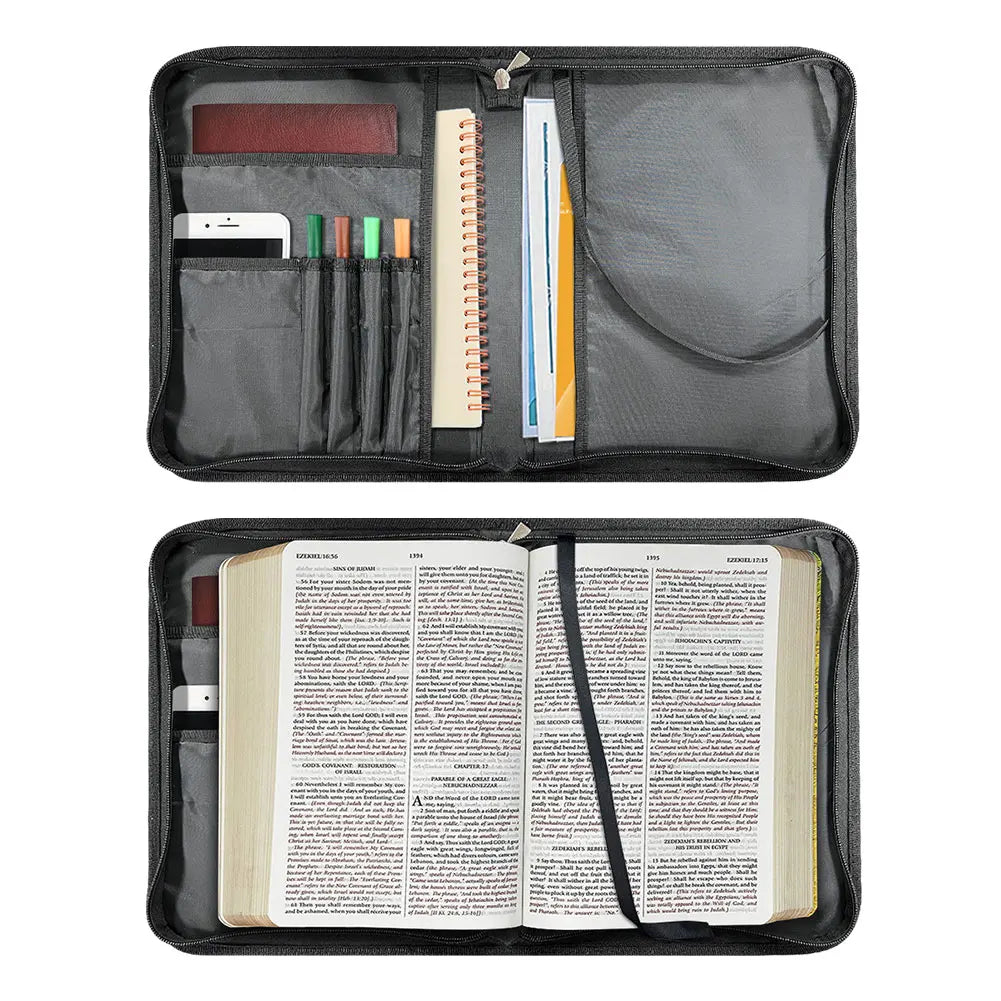 Axolotl Bible cover interior with Bible, pen loops, and storage pockets