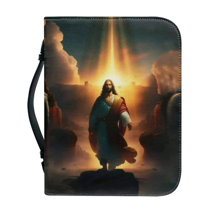 Bible carry case showing a robed figure walking toward the viewer through warm light