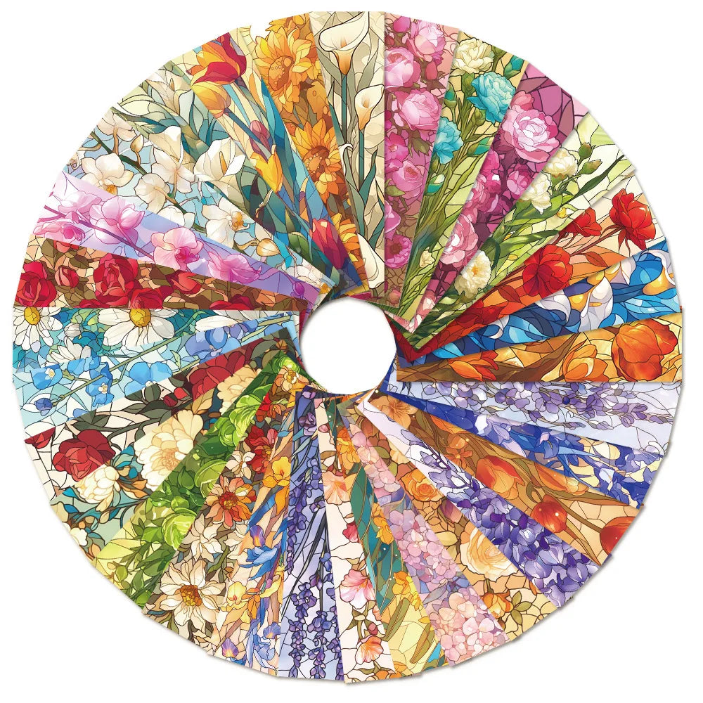 Floral paper bookmarks arranged in a circular fan
