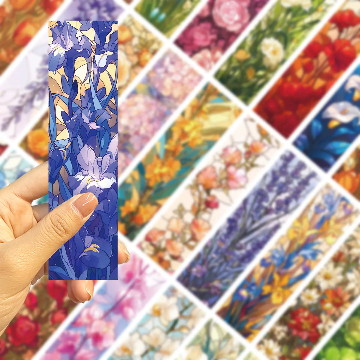 Hand holding floral bookmarks above an assortment of colorful designs
