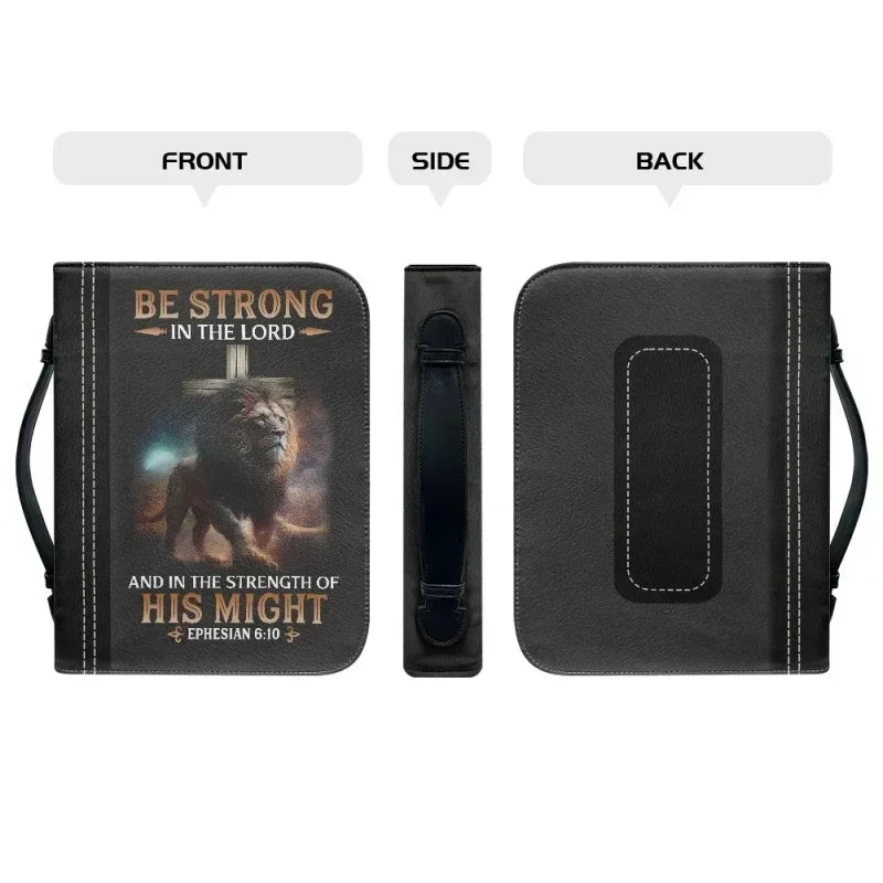 Lionhearted Bible carry case with lion artwork, shown from front, side, and back