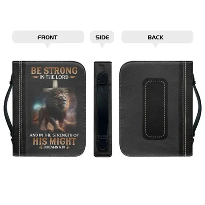 Lionhearted Bible carry case with lion artwork, shown from front, side, and back