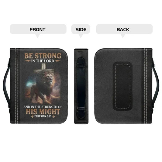 Lionhearted Bible carry case with lion artwork, shown from front, side, and back
