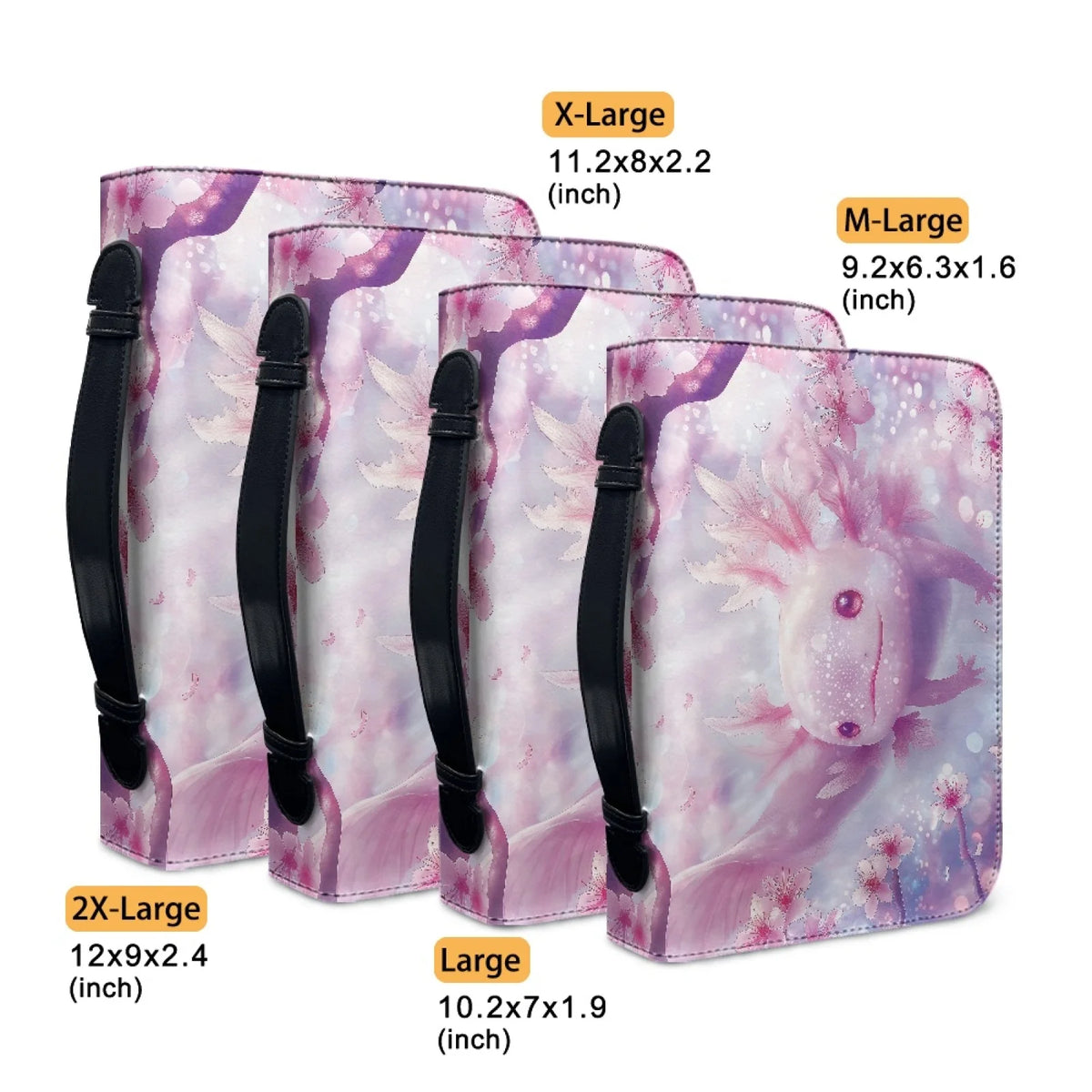 Axolotl Bible covers shown in four sizes from the side and front
