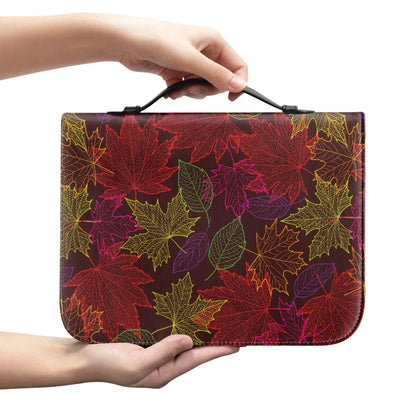 Hello Fall Bible case with burgundy and multicolored maple leaves