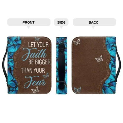 Faith Over Fear Bible carry case with Scripture-inspired artwork, shown from front, side, and back