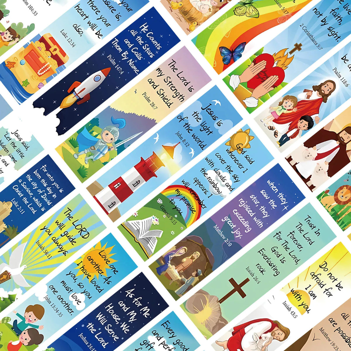 Close-up of assorted illustrated bookmarks with faith messages and Bible verse references
