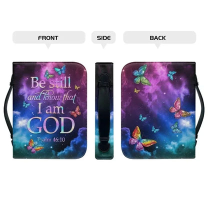Be Still Bible carry case with Psalm 46:10 and colorful butterflies, shown from front, side, and back
