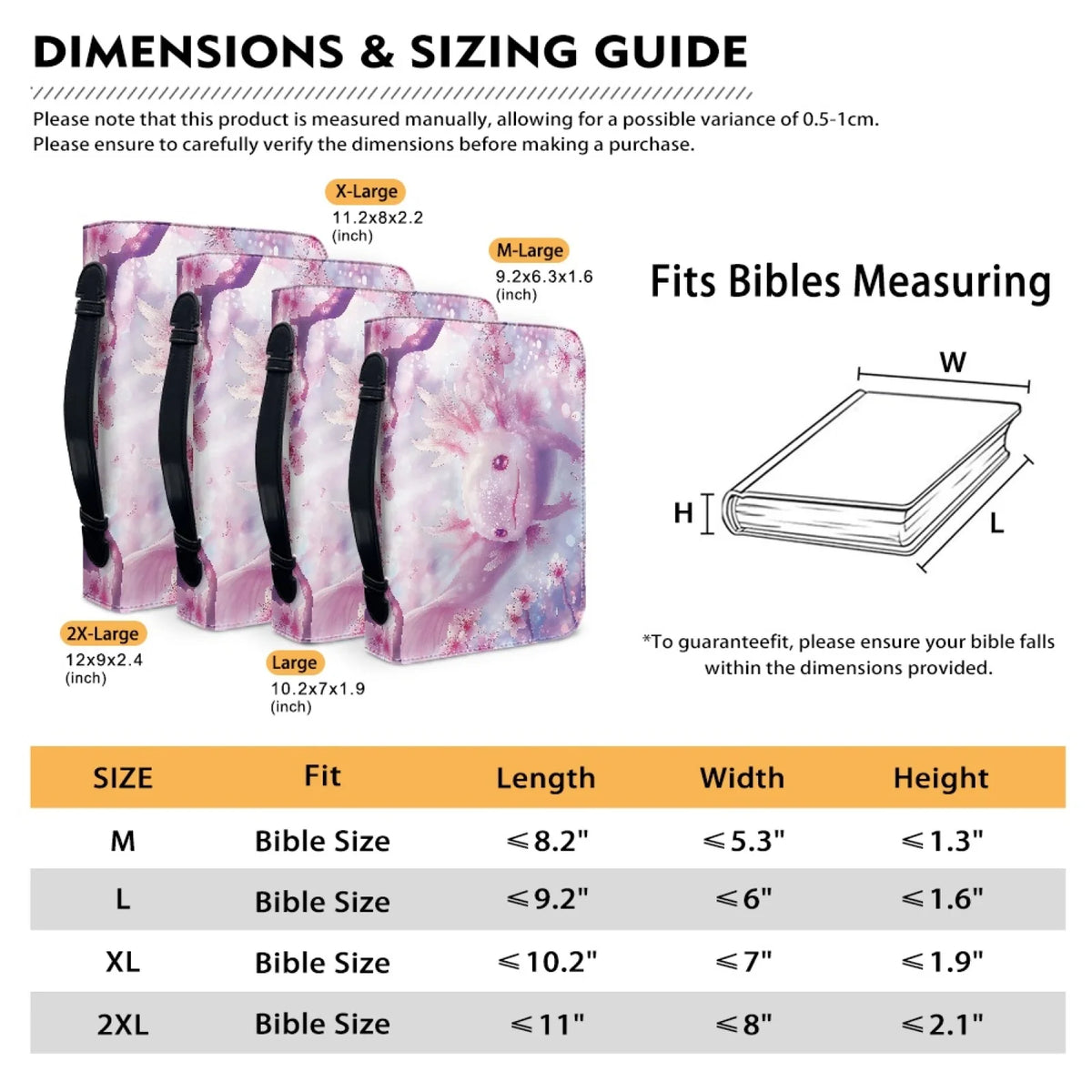 Axolotl Bible cover measurement chart for M, L, XL, and 2XL sizes