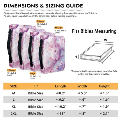 Axolotl Bible cover measurement chart for M, L, XL, and 2XL sizes