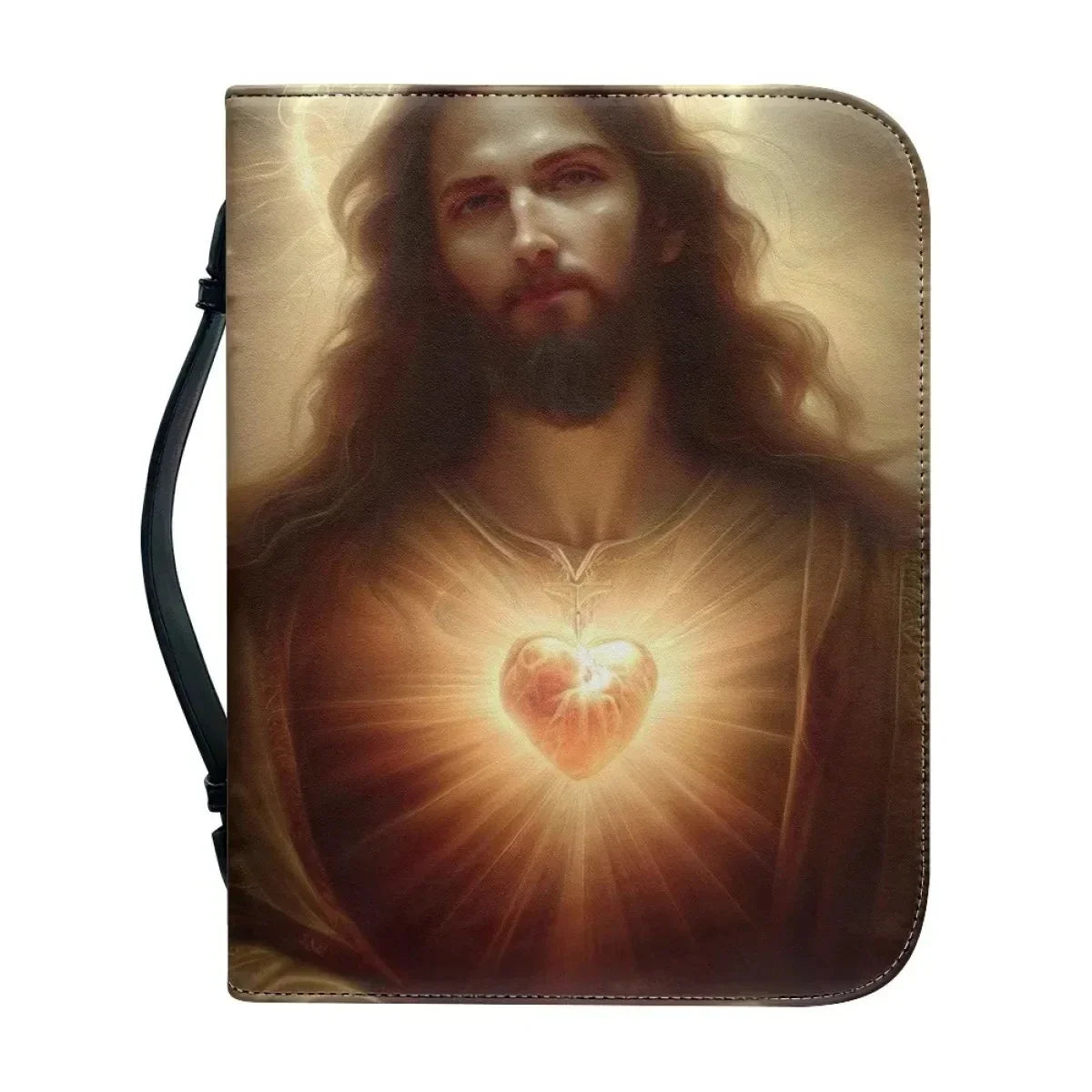 Bible carry case with a portrait of Jesus and a glowing heart