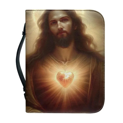 Bible carry case with a portrait of Jesus and a glowing heart