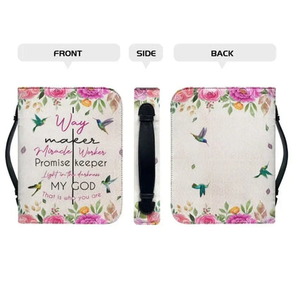 Way Maker Bible carry case with floral and hummingbird artwork, shown from front, side, and back