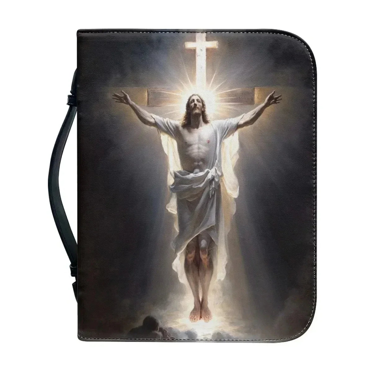 Bible carry case showing an outstretched figure beneath a glowing cross