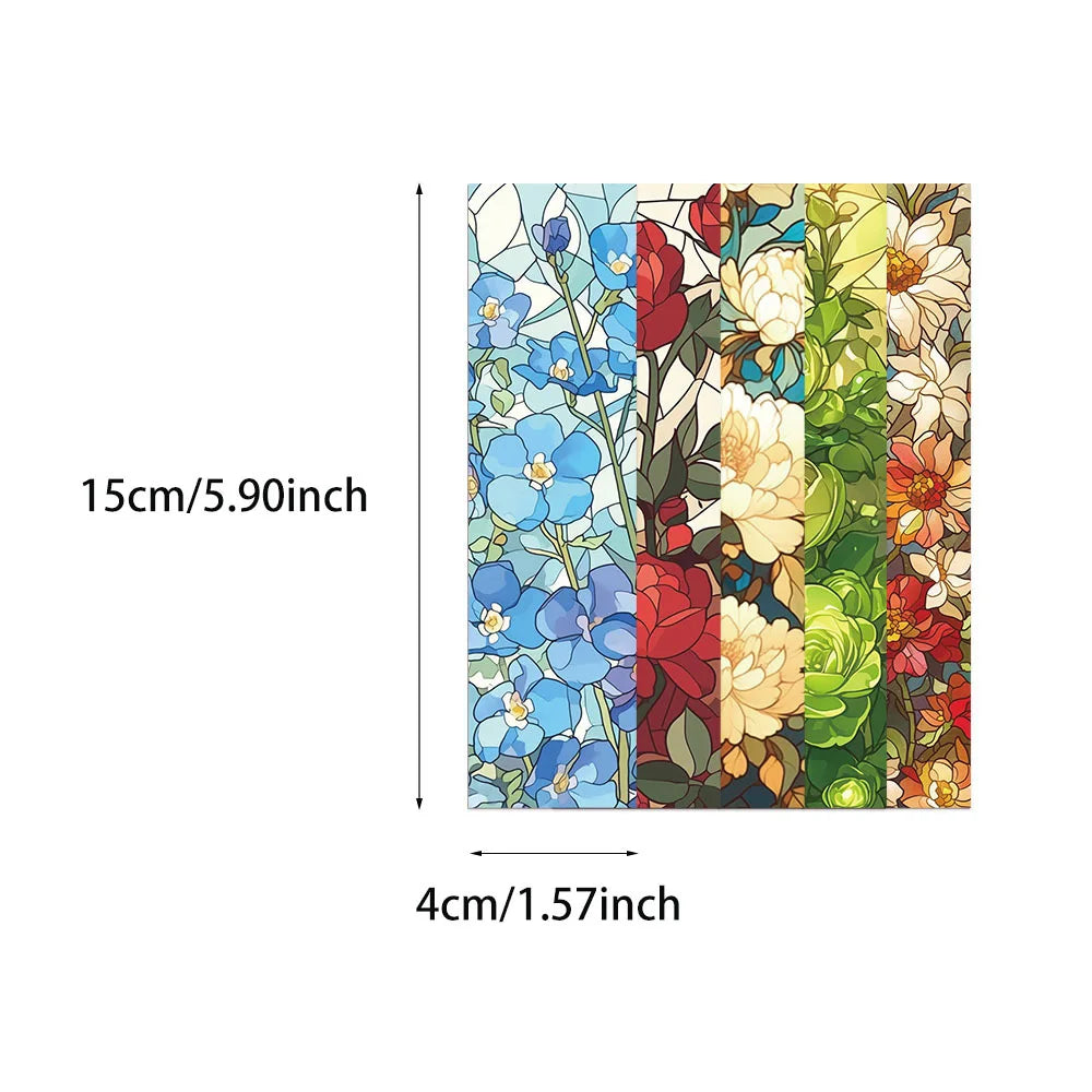 Floral bookmark size chart showing approximately 15 cm long by 4 cm wide
