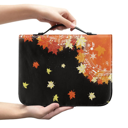 Hello Fall Bible case with black background, orange autumn leaves, and musical notes