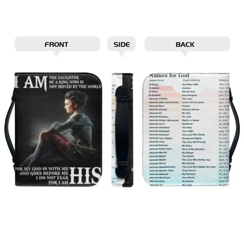 Daughter of the King Bible carry case with black front design and Names of God on the back