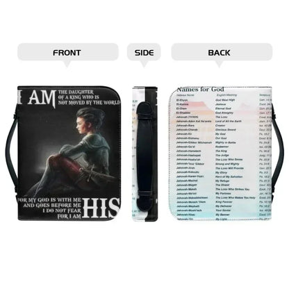 Daughter of the King Bible carry case with black front design and Names of God on the back