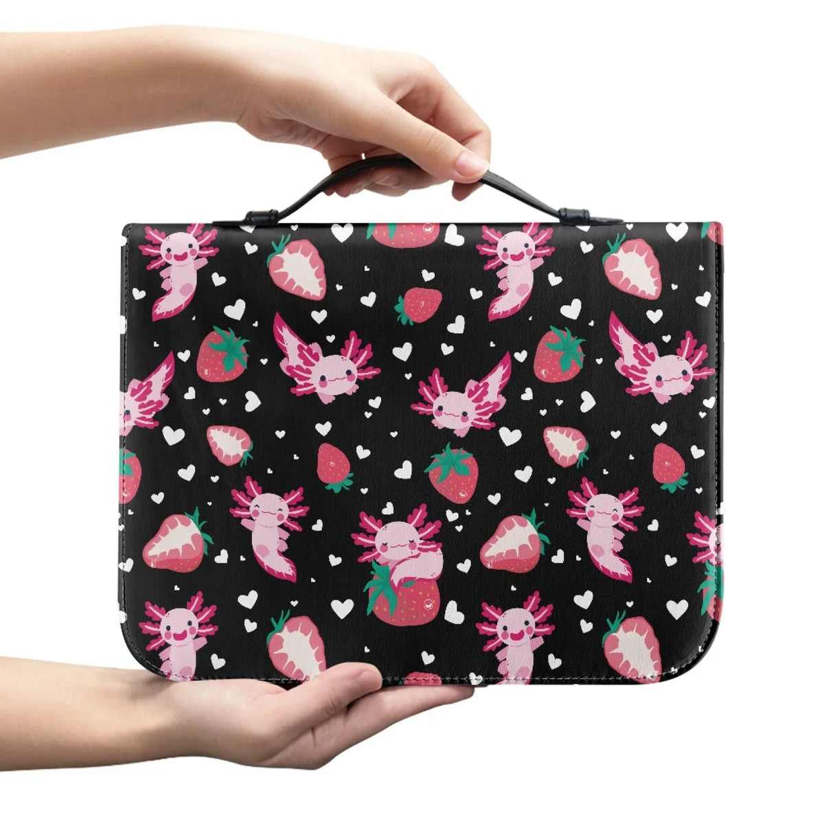 Berry Blessed black axolotl Bible cover with strawberries and hearts
