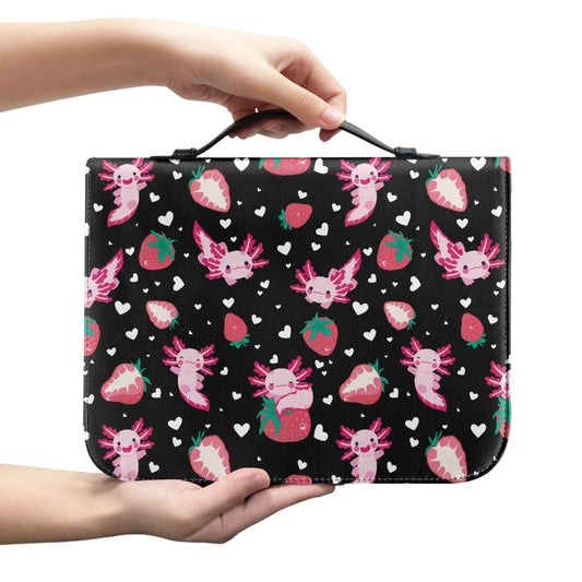 Berry Blessed black axolotl Bible cover with strawberries and hearts
