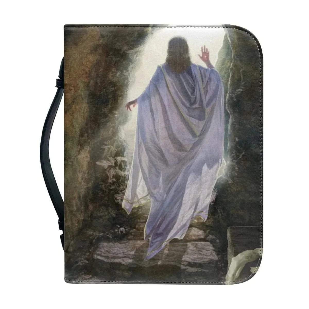 Bible carry case showing a robed figure walking toward bright light