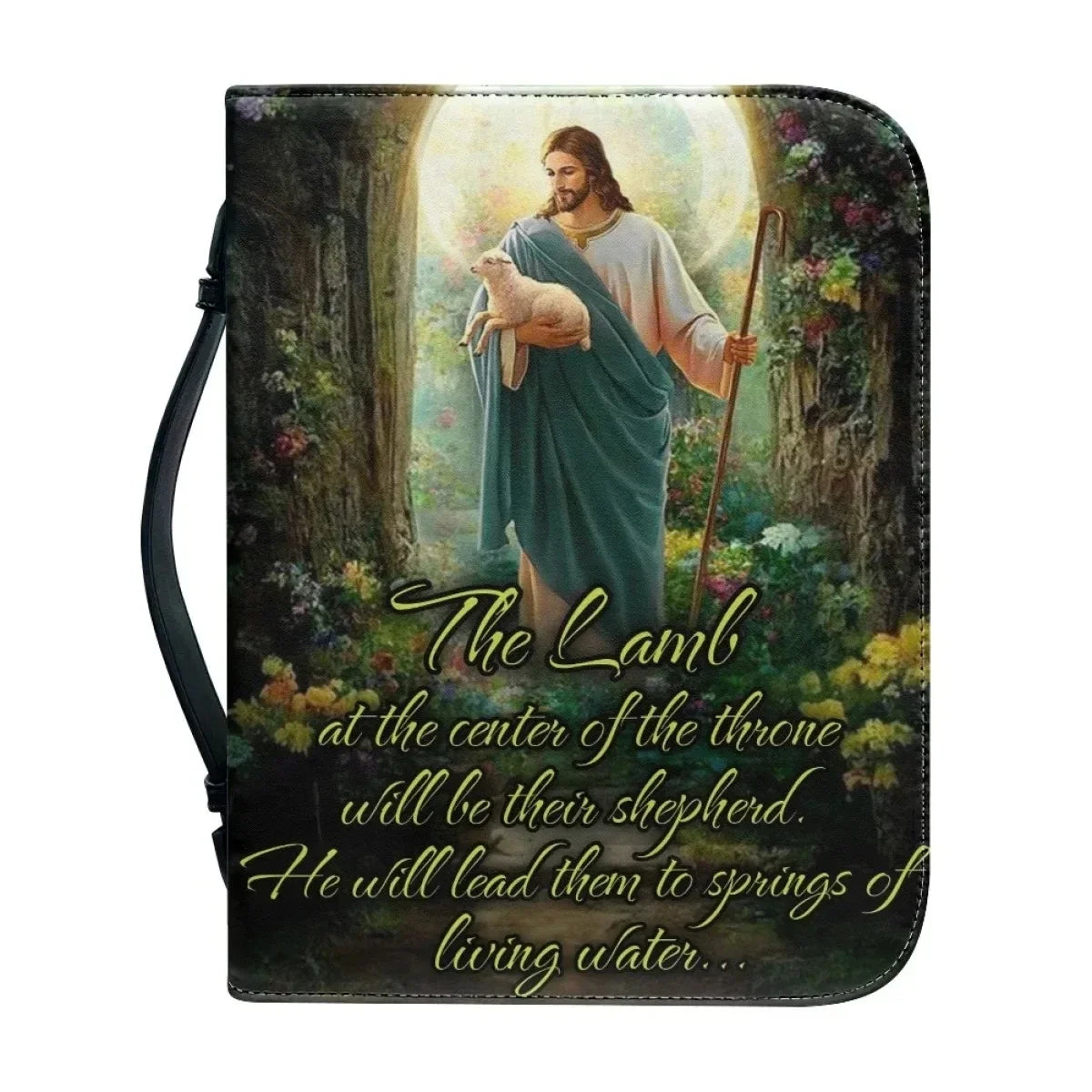 Bible carry case showing Jesus holding a lamb with small script near the edge