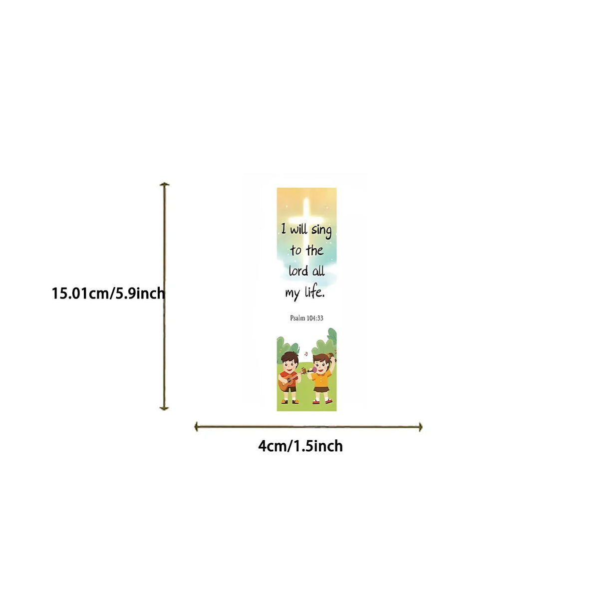 Bookmark size chart showing approximately 15 cm long and 4 cm wide
