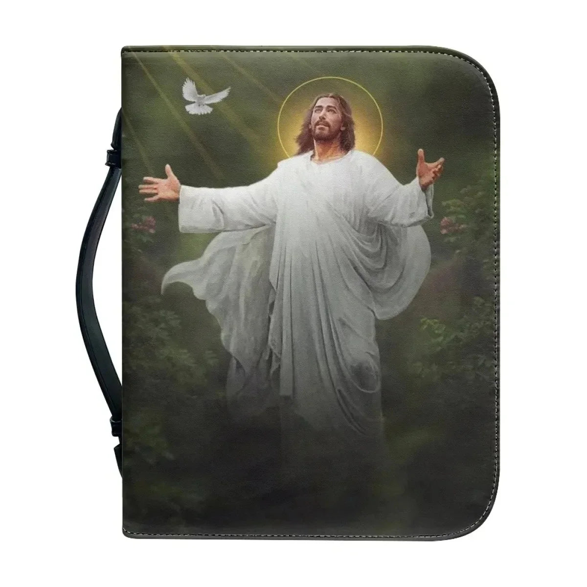 Bible carry case with a white-robed figure, open arms, and a dove