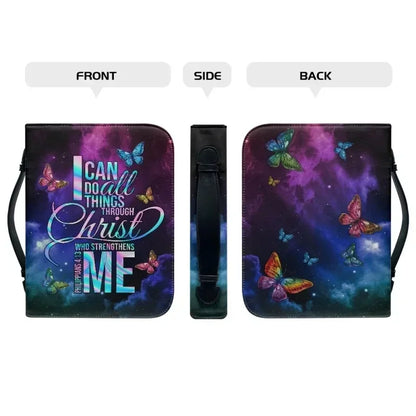 Strength Through Christ Bible carry case with colorful butterflies, shown from front, side, and back