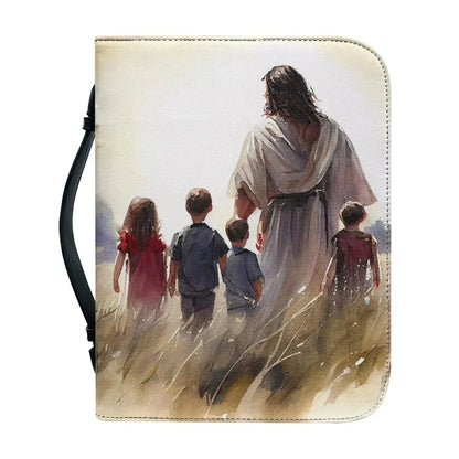 Bible carry case showing a robed figure walking through a field with four children