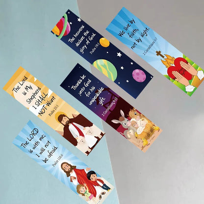 Five colorful Christian bookmarks displayed on a blue-and-gray background
