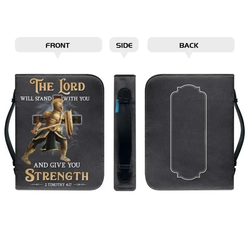 Stand in His Strength Bible carry case with armored figure on the front, shown from front, side, and back