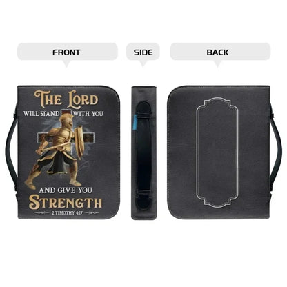 Stand in His Strength Bible carry case with armored figure on the front, shown from front, side, and back