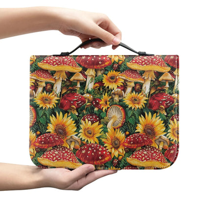 Hello Fall Bible case with red mushrooms, sunflowers, and green foliage