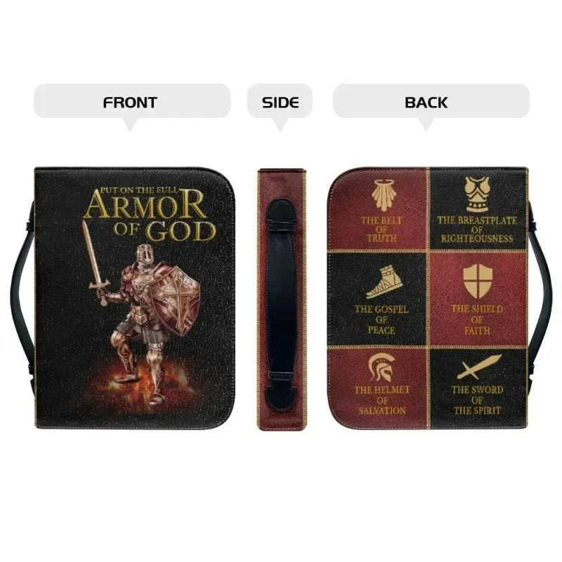 Armed in Faith Bible carry case with armored figure and armor-of-God artwork, shown from front, side, and back