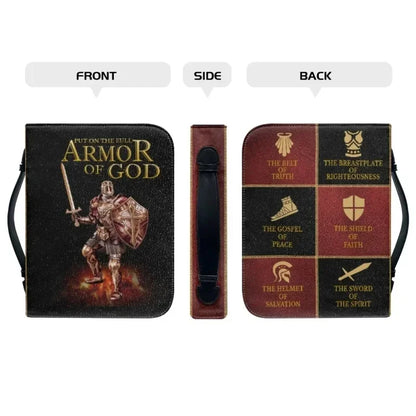 Armed in Faith Bible carry case with armored figure and armor-of-God artwork, shown from front, side, and back
